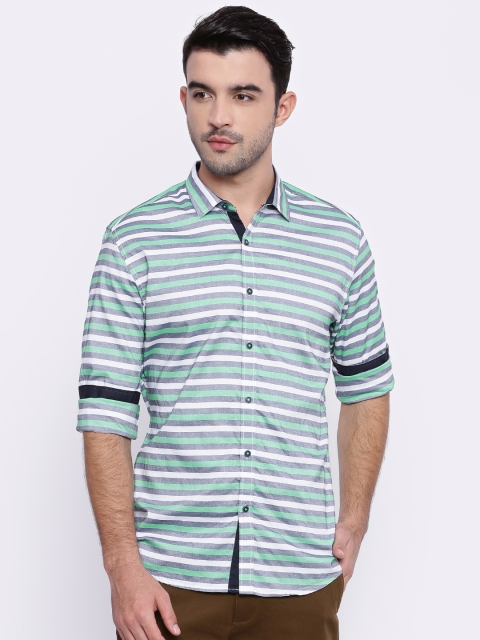 

British Club Men Green & Navy Slim Fit Striped Casual Shirt