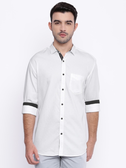 

British Club Men White Slim Fit Self-Checked Casual Shirt