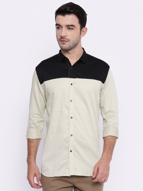 

British Club Men Beige & Black Slim Fit Colourblocked Casual Shirt