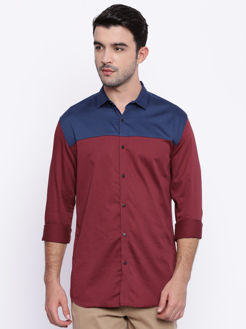 

British Club Men Maroon & Navy Slim Fit Colourblocked Casual Shirt