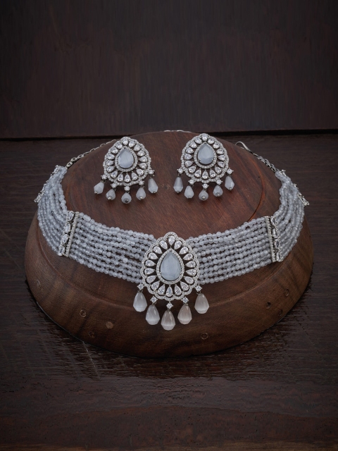 

Kushal's Fashion Jewellery Rhodium-Plated Grey Cubic Zirconia Studded Choker Jewellery Set