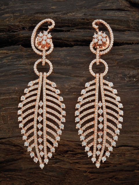 

Kushal's Fashion Jewellery Rose Gold Plated & White CZ Studded Leaf Shaped Drop Earrings