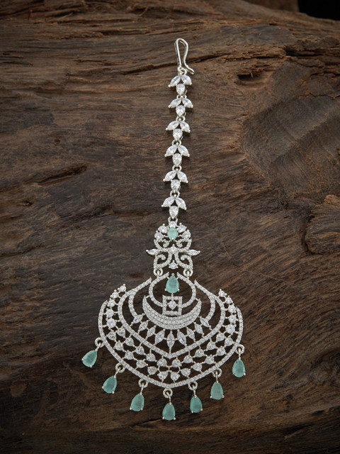 

Kushal's Fashion Jewellery Rhodium-Plated Sea Green CZ Stone Studded Maang Tikka