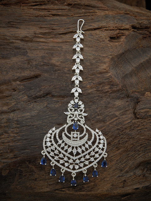 

Kushal's Fashion Jewellery Rhodium-Plated Blue & White Stone Studded & Beaded Maangtika, Silver