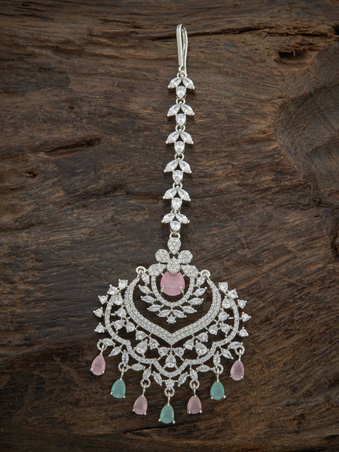 

Kushal's Fashion Jewellery Rhodium-Plated Silver-Toned White Stone-Studded Maangtika