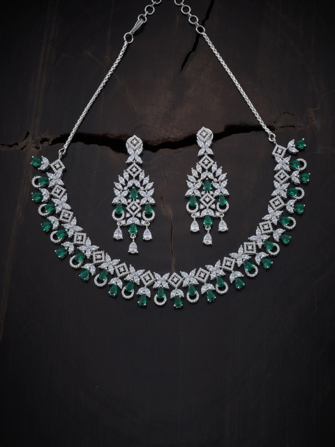 

Kushal's Fashion Jewellery Rhodium-Plated Green CZ Studded Jewellery Set