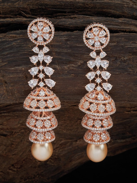 

Kushal's Fashion Jewellery Rose Gold & White Floral Jhumkas Earrings