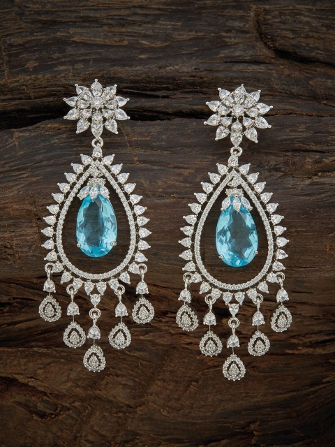 

Kushal's Fashion Jewellery Women Rhodium Plated Sea Green & White Teardrop Shaped Earrings