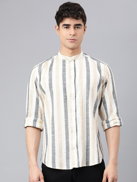 

I Know Men White & Grey Striped Band Collar Long Sleeves Casual Shirt