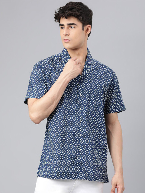 

I Know Men Navy Blue Printed Casual Cotton Shirt