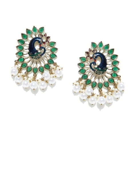 

Spargz Green & Blue Gold-Plated Peacock-Shaped Stone-Studded Drop Earrings