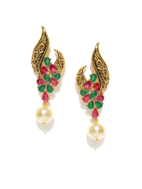 

Spargz Pink & Green Gold-Plated Classic Stone-Studded Drop Earrings