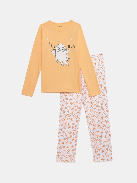 

mackly Girls Orange & White Printed Pure Cotton Glow In Dark Night suit
