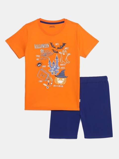 

mackly Boys Orange & Navy Blue Printed Pure Cotton Night suit ISPJ-71