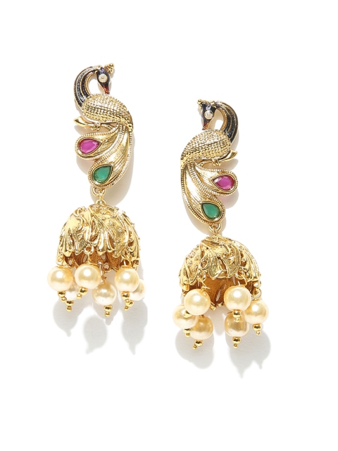 

Spargz Cream-Coloured Gold-Plated Stone-Studded Beaded Peacock-Shaped Jhumkas