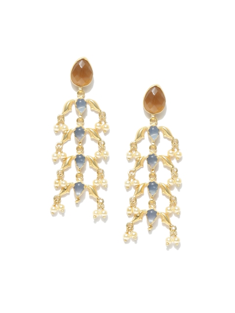 

Spargz Grey Gold-Plated Stone-Studded Beaded Drop Earrings