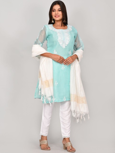 

Kesarya Women Sea Green Embroidered Thread Work Kurta with Trousers & With Dupatta