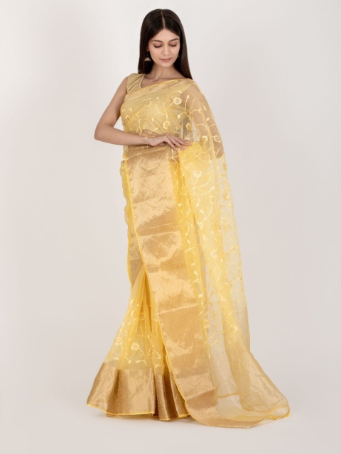 

HOUSE OF JAMOTI Yellow & Gold-Toned Floral Embroidered Organza Saree