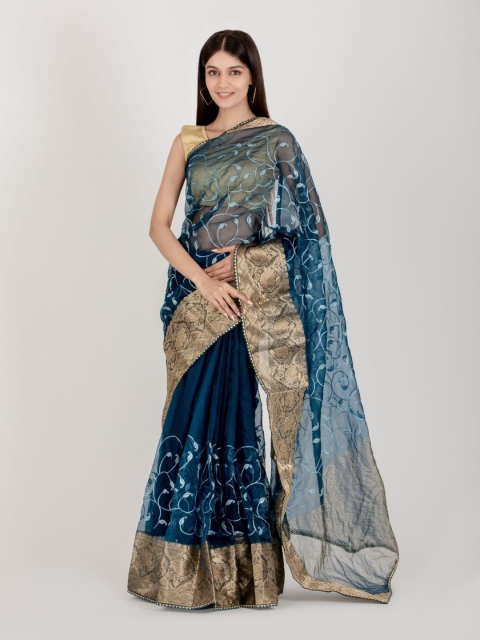 

HOUSE OF JAMOTI Blue & Gold-Toned Floral Embroidered Zari Organza Saree