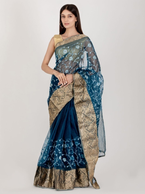 

HOUSE OF JAMOTI Blue & Gold-Toned Floral Organza Saree