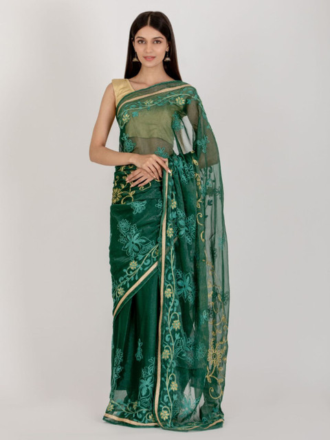

HOUSE OF JAMOTI Green & Gold-Toned Floral Zari Saree