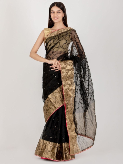 

HOUSE OF JAMOTI Black & Gold-Toned Ethnic Motifs Zari Organza Saree