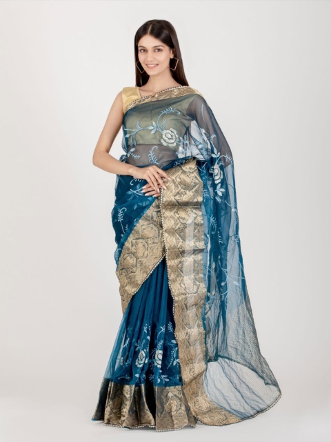 

HOUSE OF JAMOTI Blue & Gold-Toned Floral Zari Organza Saree