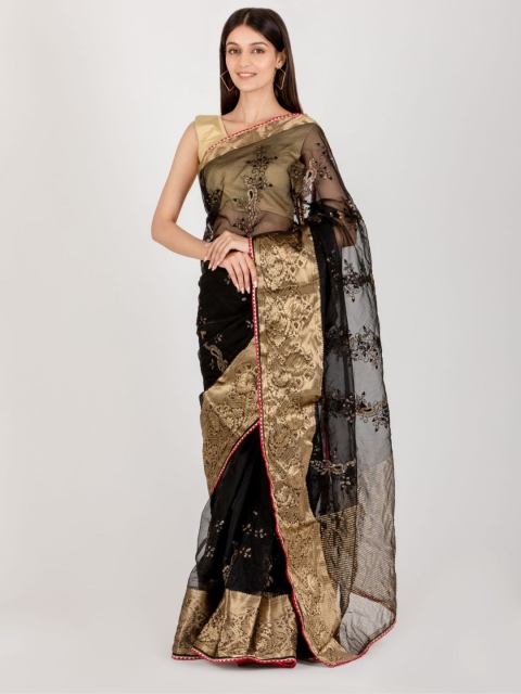 

HOUSE OF JAMOTI Black & Gold-Toned Embellished Sequinned Organza Saree