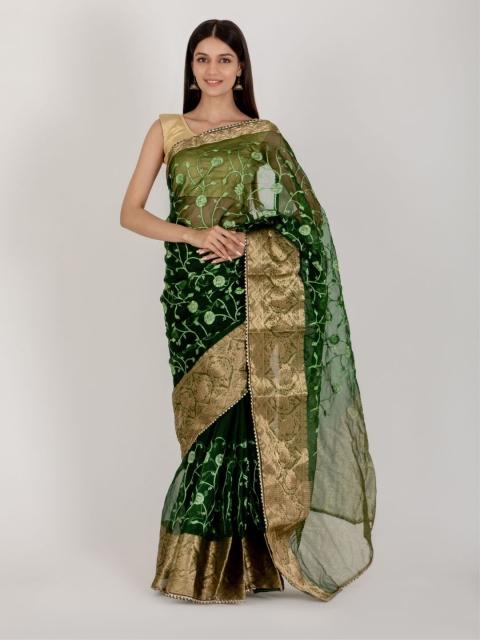 

HOUSE OF JAMOTI Green & Gold-Toned Floral Zari Organza Saree
