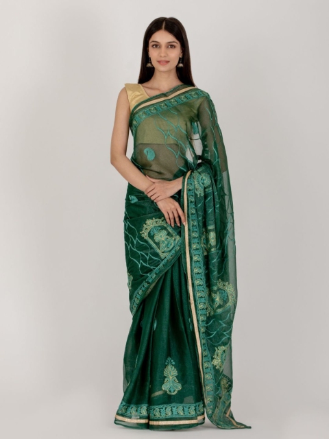 

HOUSE OF JAMOTI Green & Blue Floral Embroidered Saree