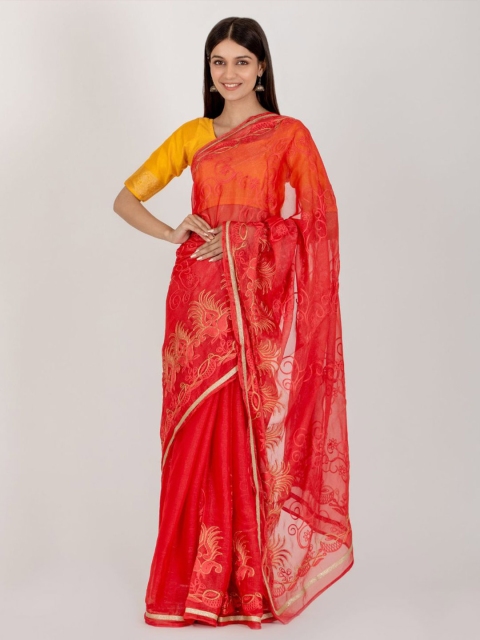 

HOUSE OF JAMOTI Red Ethnic Motifs Embroidered Organza Saree