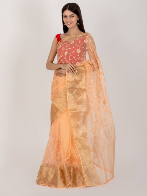 

HOUSE OF JAMOTI Peach-Coloured Floral Embroidered Zari Organza Saree