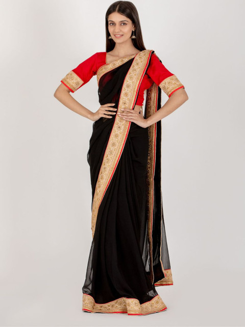 

HOUSE OF JAMOTI Black & Gold-Toned Embroidered Georgette Saree