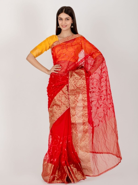 

HOUSE OF JAMOTI Pink & Gold-Toned Floral Zari Organza Saree