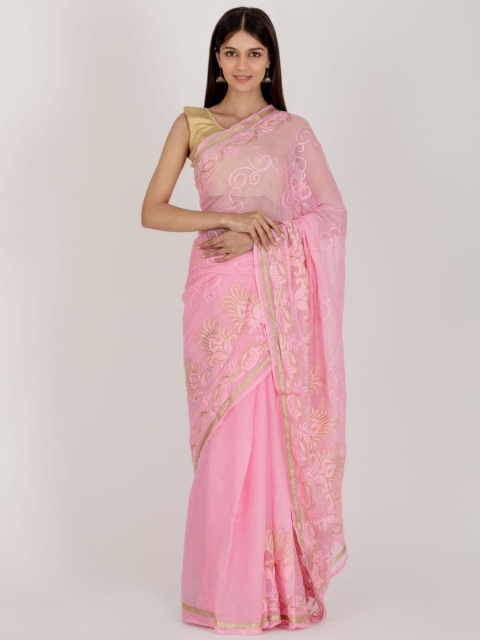 

HOUSE OF JAMOTI Women Pink & Gold-Toned Embroidered Saree
