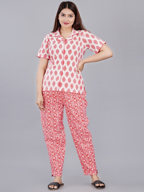 

HIGHLIGHT FASHION EXPORT Women White & Pink Printed Cotton Night suit