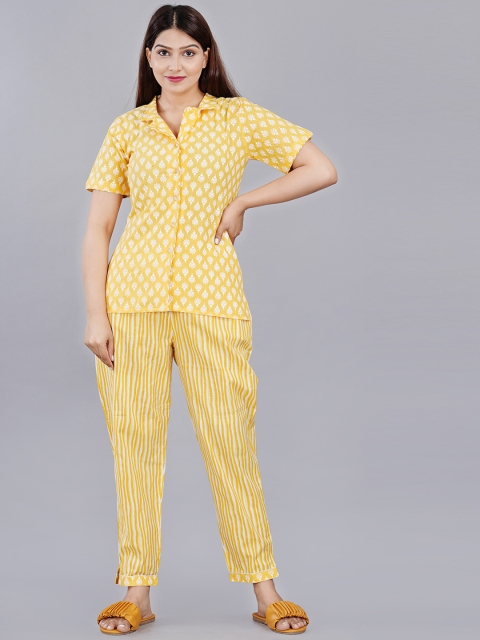 

HIGHLIGHT FASHION EXPORT Women Yellow & White Printed Pure Cotton Night Suit