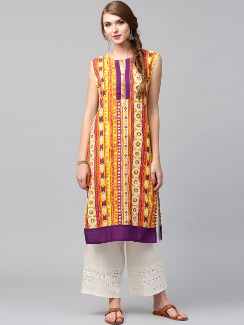 

Jaipur Kurti Women Yellow & Purple Printed Straight Kurta