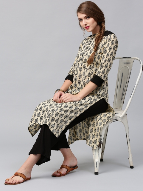 

Jaipur Kurti Women Beige & Black Printed Straight Kurta