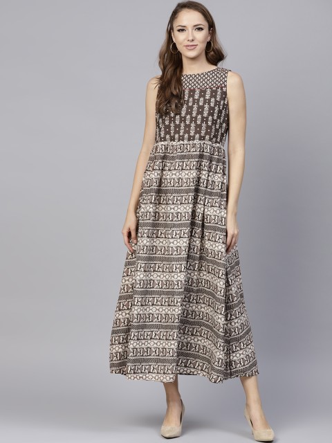 

Jaipur Kurti Women Brown & Beige Printed Midi A-Line Dress