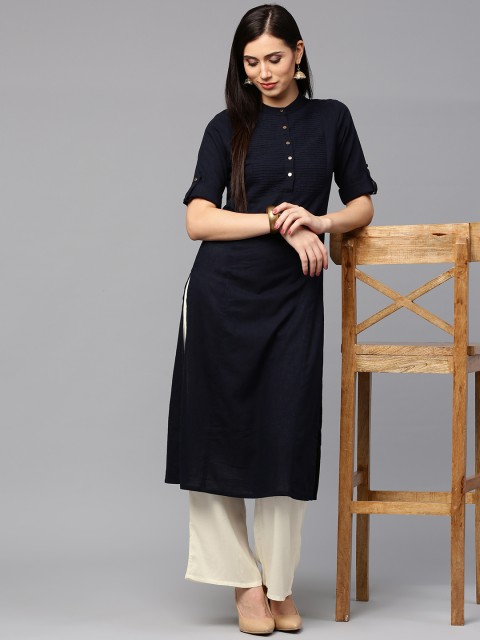 

Jaipur Kurti Women Navy & Off-White Solid Kurta with Palazzos, Navy blue
