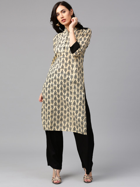 

Jaipur Kurti Women Beige & Black Printed Kurta with Palazzos