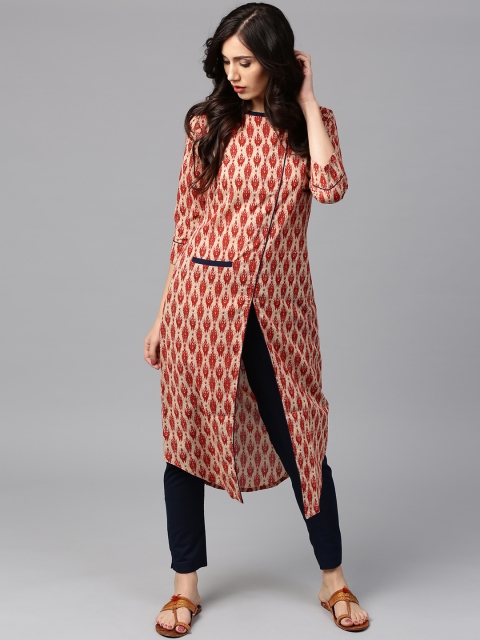 

Jaipur Kurti Women Beige & Navy Printed Kurta with Trousers