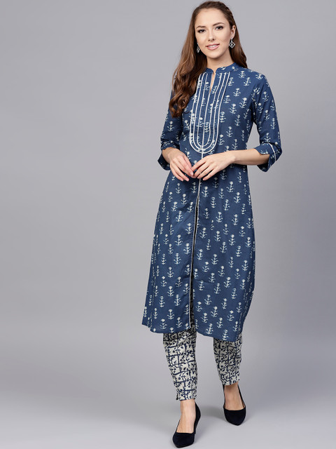 

Jaipur Kurti Women Navy Blue & Off-White Printed Kurta with Trousers