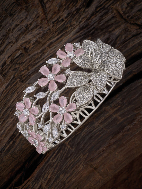 

Kushal's Fashion Jewellery Women Silver-Toned & Pink Cubic Zirconia Rhodium-Plated Kada Bracelet