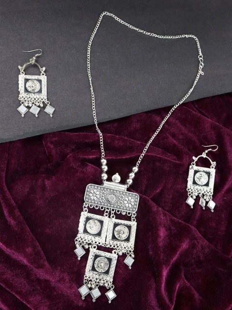 

Krelin Brass-Plated Silver-Toned Oxidized Mirror Beaded Jewellery Set