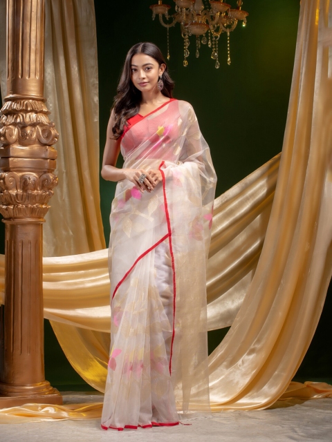 

Mitera White & Red Floral Zari Pure Silk Saree