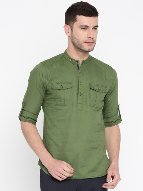 

The Indian Garage Co Men Olive Green Solid Straight Kurta