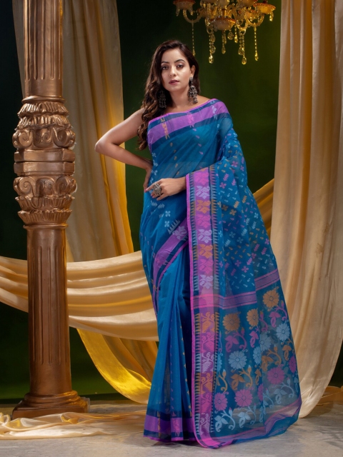 

Mitera Women Turquoise Blue & Pink Floral Zari Pure Cotton Saree