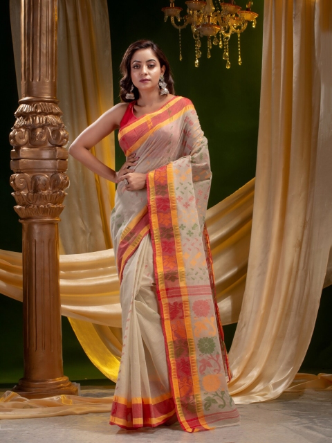 

Mitera Off White & Yellow Floral Pure Cotton Saree